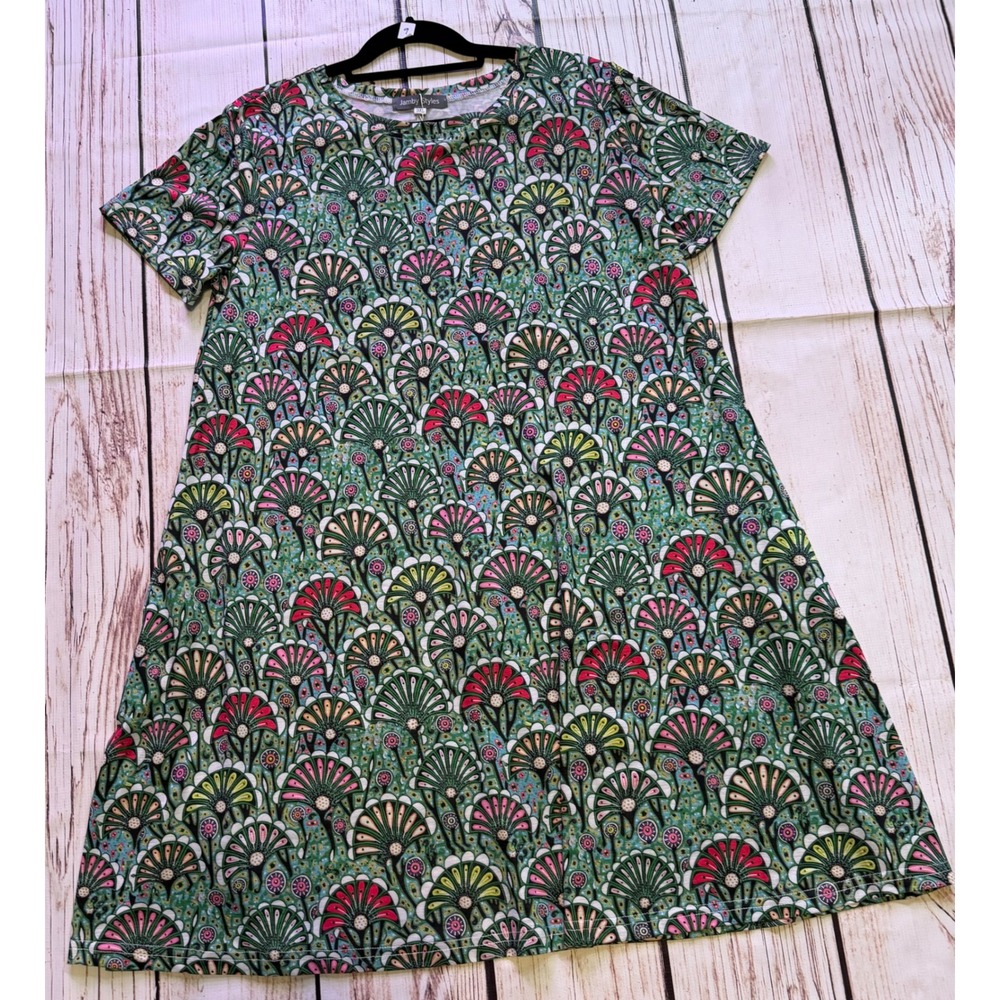 Jamby Styles Womens 3XL Floral Fan Print T-Shirt Dress Green Pink Short Sleeve